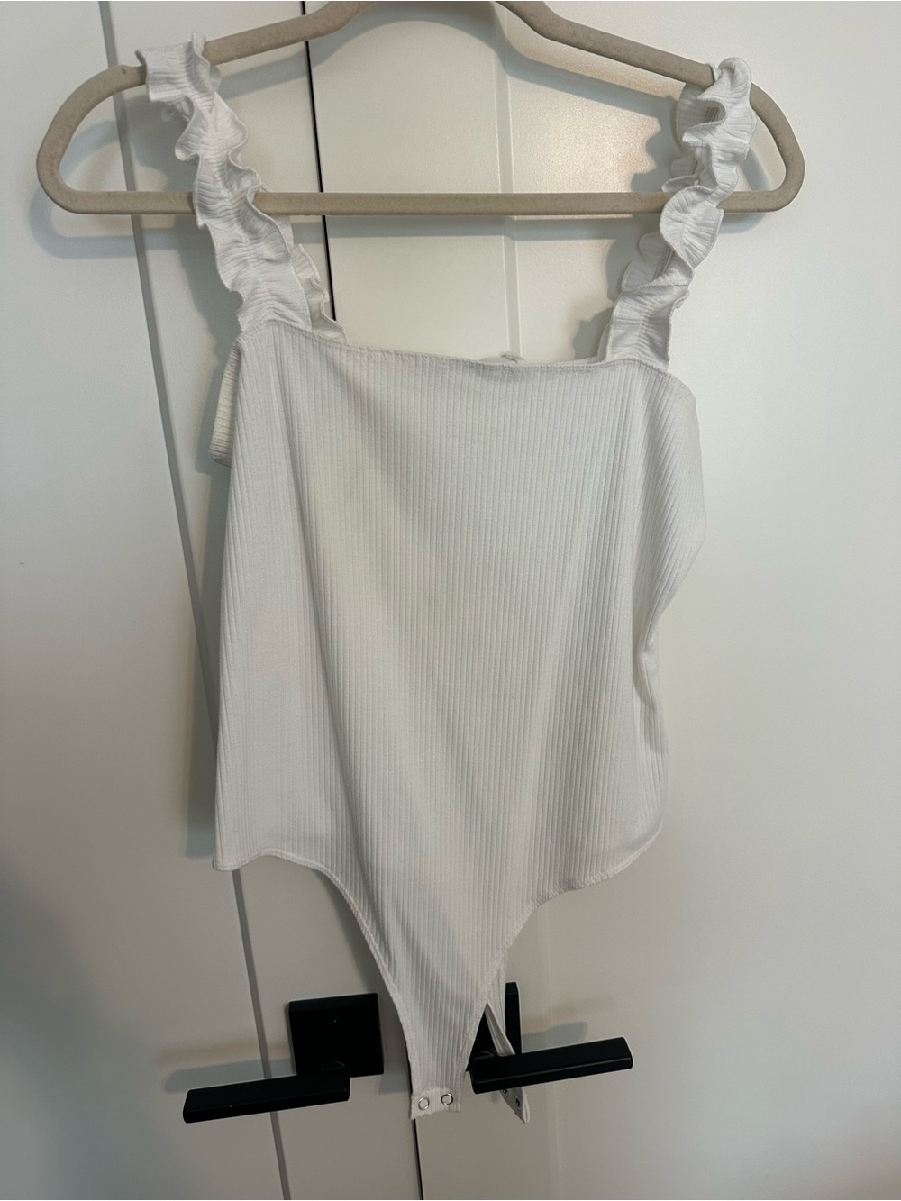 Double Zero White Ribbed Ruffle Strap Bodysuit